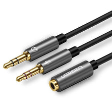 Audio AUX skirstytuvas UGREEN ausinės + mikrofonas iki 3,5 mm mini lizdo kabelio, 28 cm, aliuminis (juodas)